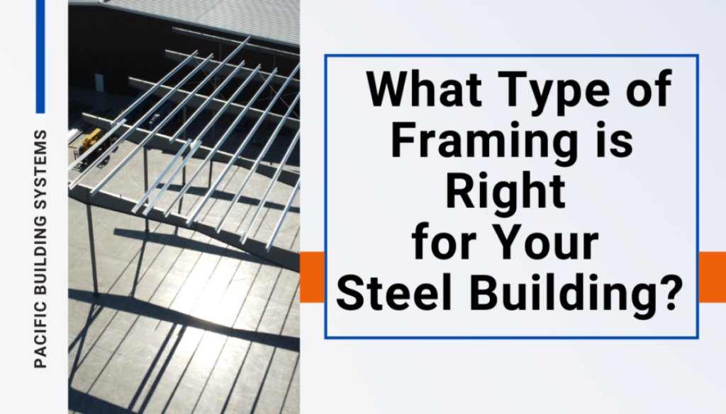 "What Type of Frame is Right for Your Steel Building?" in text next to a steel building frame exterior photo