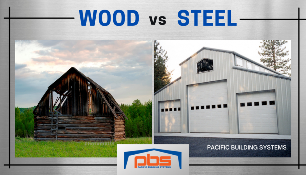"Wood vs Steel" Why Steel is Superior over a photo of a wood building next to a photo of a steel building with a PBS logo