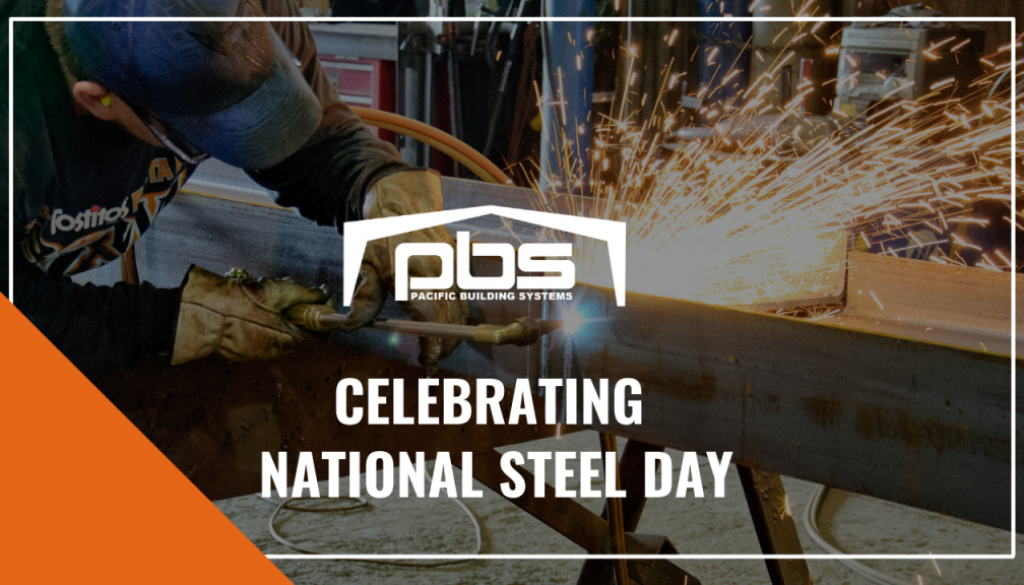 "Celebrating National Steel Day" in text under a PBS logo and over a photo of steel being cut