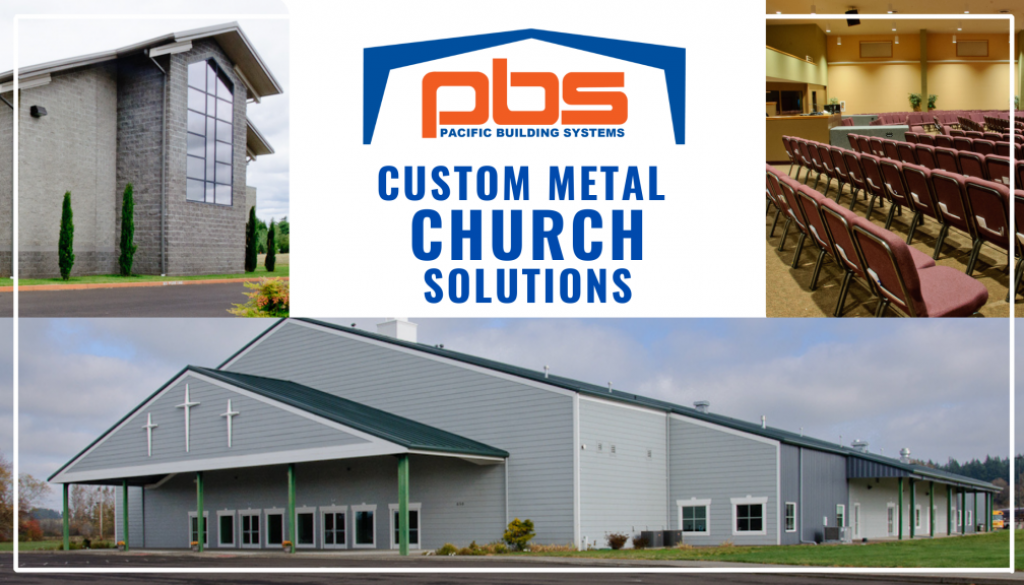 "Custom Metal Church Solutions" in text over three photos of steel church buildings