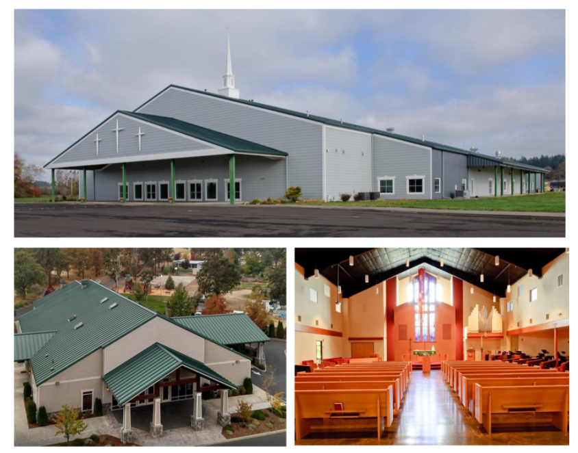 Three photos of custom metal church buildings by PBS