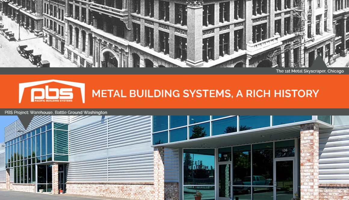 "Metal Building Systems, A Rich History" in text between photos of old and new metal buildings