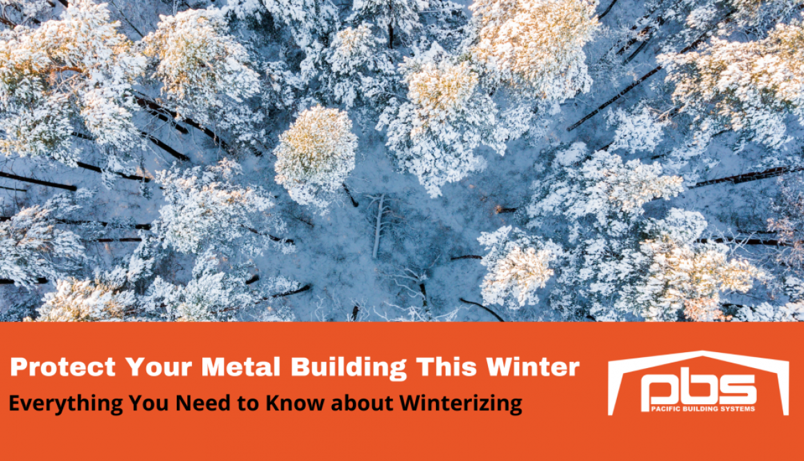 "Protect Your Metal Building This Winter. Everything You Need to Know about Winterizing" with frozen trees in the background