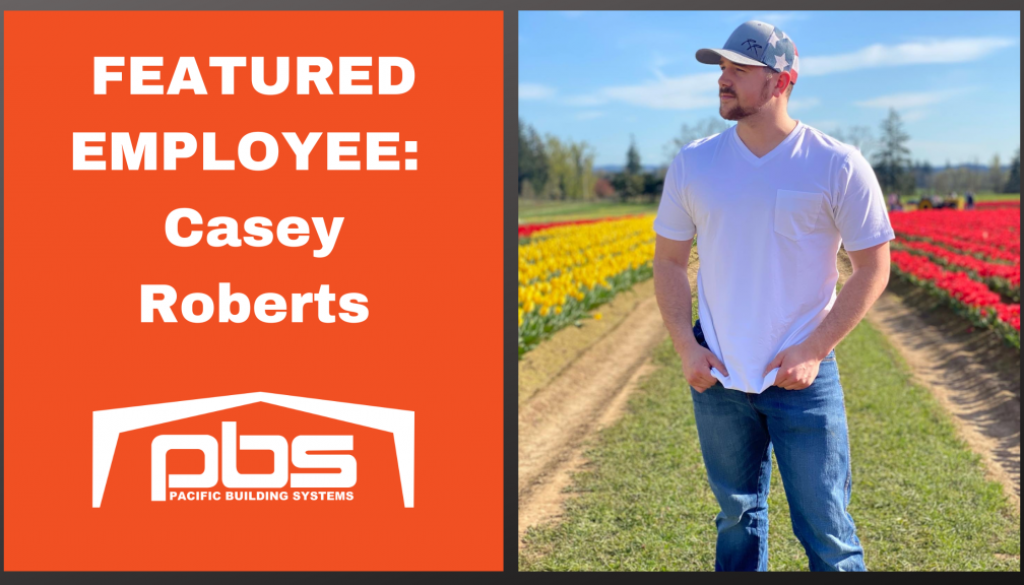"Featured Employee - Casey Roberts" in white text next to a photo of Casey