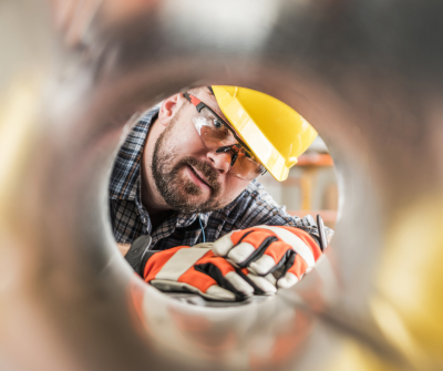 Male construction workers face through a tube