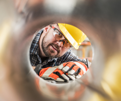 Male construction workers inspecting a tube to winterize