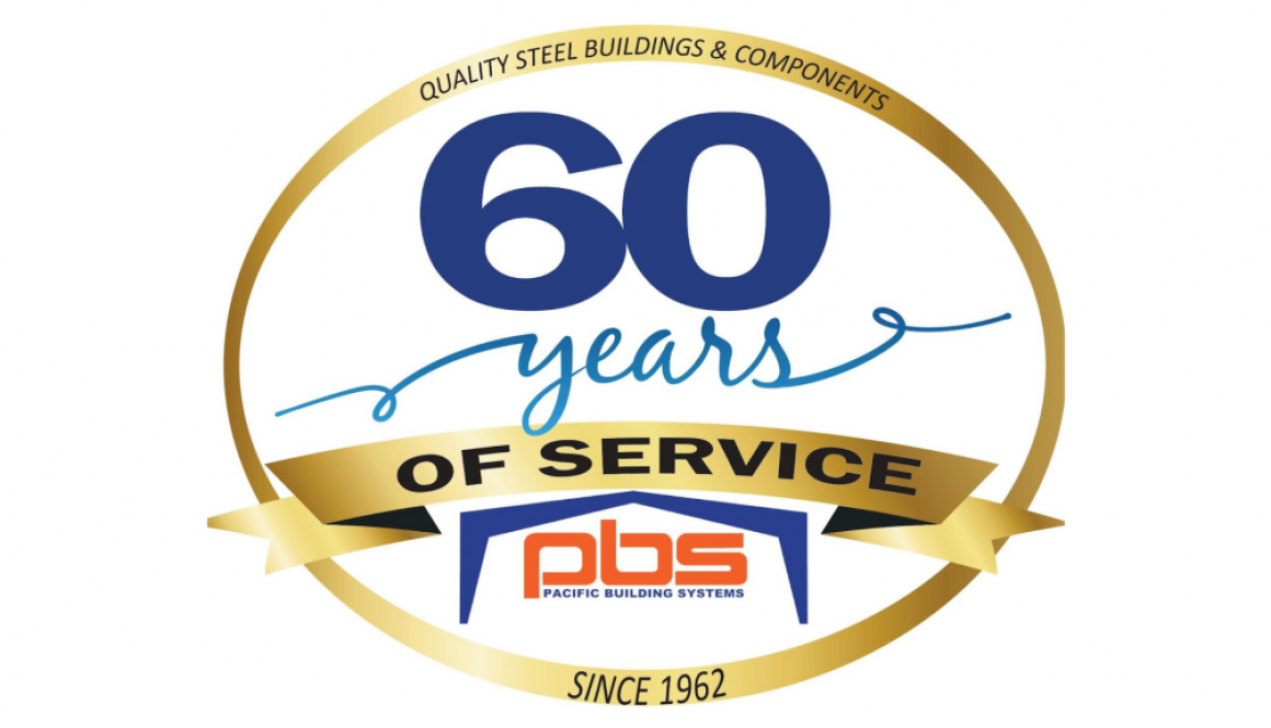 "60 years of service" in a gold circle above a Pacific Building Systems logo
