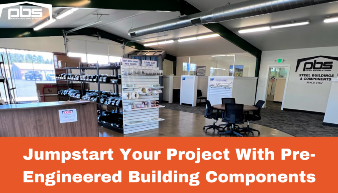 "Jumpstart Your Project With Pre-Engineered Building Components" in text over a photo of the PBS Components Direct Store interior