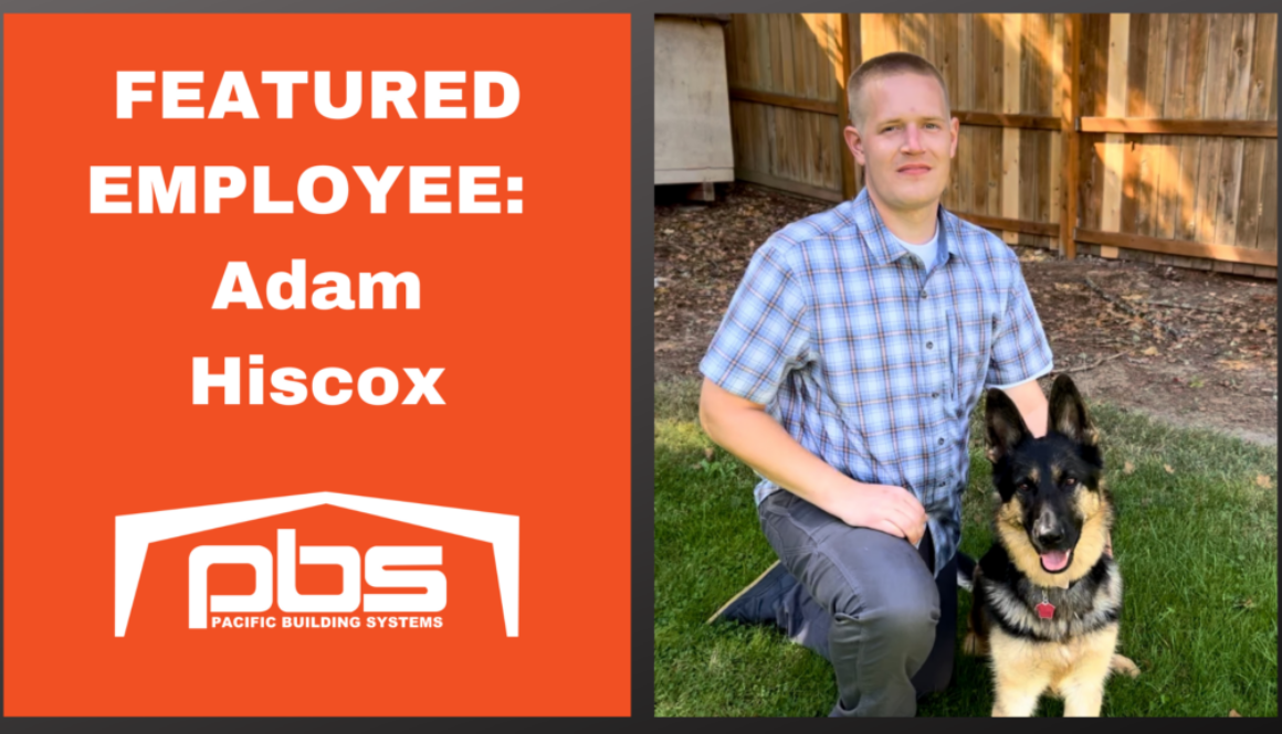 "Featured Employee - Adam Hiscox" in white text next to a photo of Adam