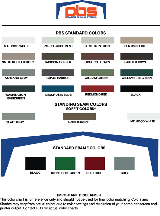 PBS Standard Colors, Standing Seam Colors, and Standard Frame Colors